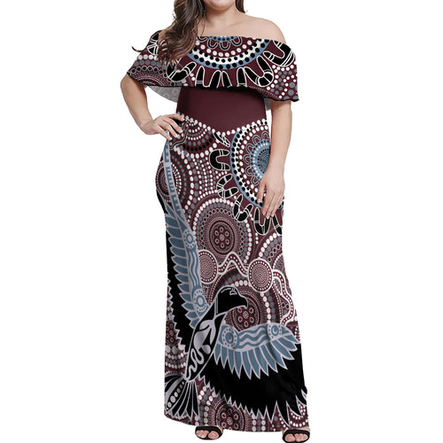 Aboriginal Pattern Bird Off Shoulder Maxi Dress