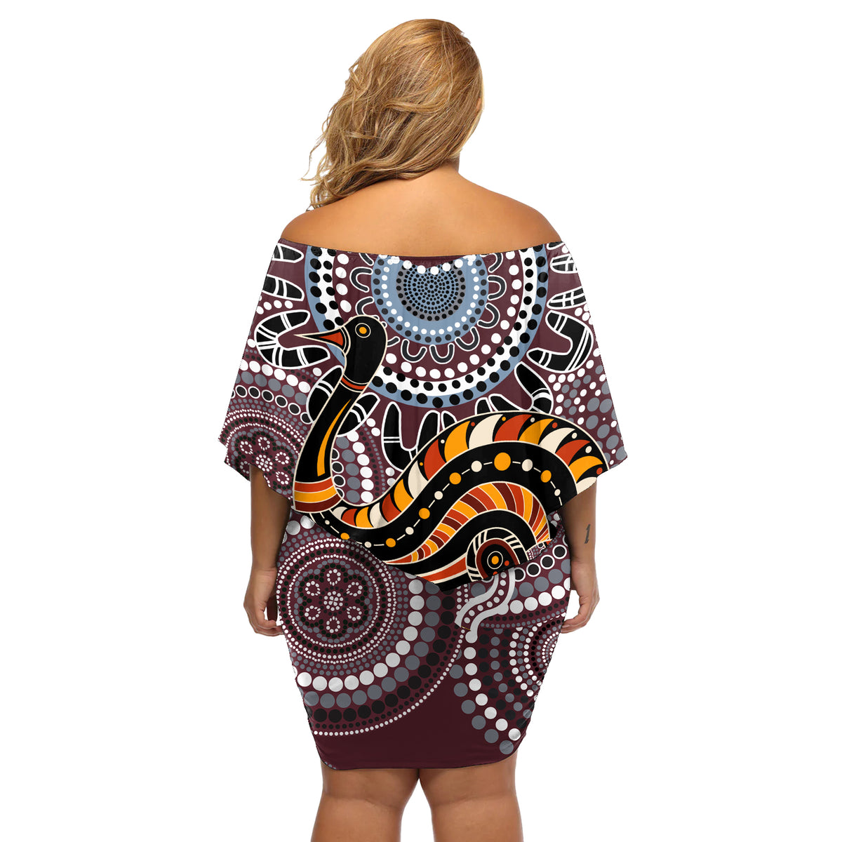 Aboriginal Pattern Bird Off Shoulder Short Dress