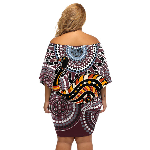 Aboriginal Pattern Bird Off Shoulder Short Dress