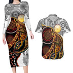 Aboriginal Kangaroo Pattern Dot Art Couples Matching Long Sleeve Bodycon Dress and Hawaiian Shirt