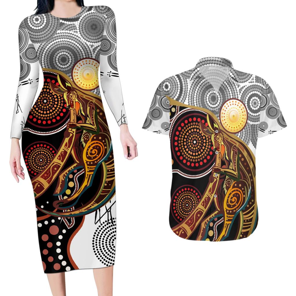Aboriginal Kangaroo Pattern Dot Art Couples Matching Long Sleeve Bodycon Dress and Hawaiian Shirt