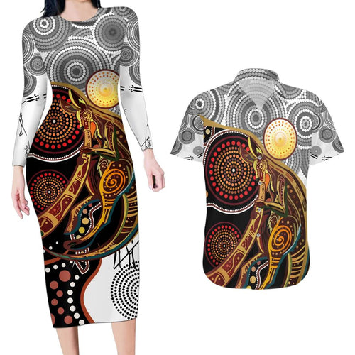 Aboriginal Kangaroo Pattern Dot Art Couples Matching Long Sleeve Bodycon Dress and Hawaiian Shirt