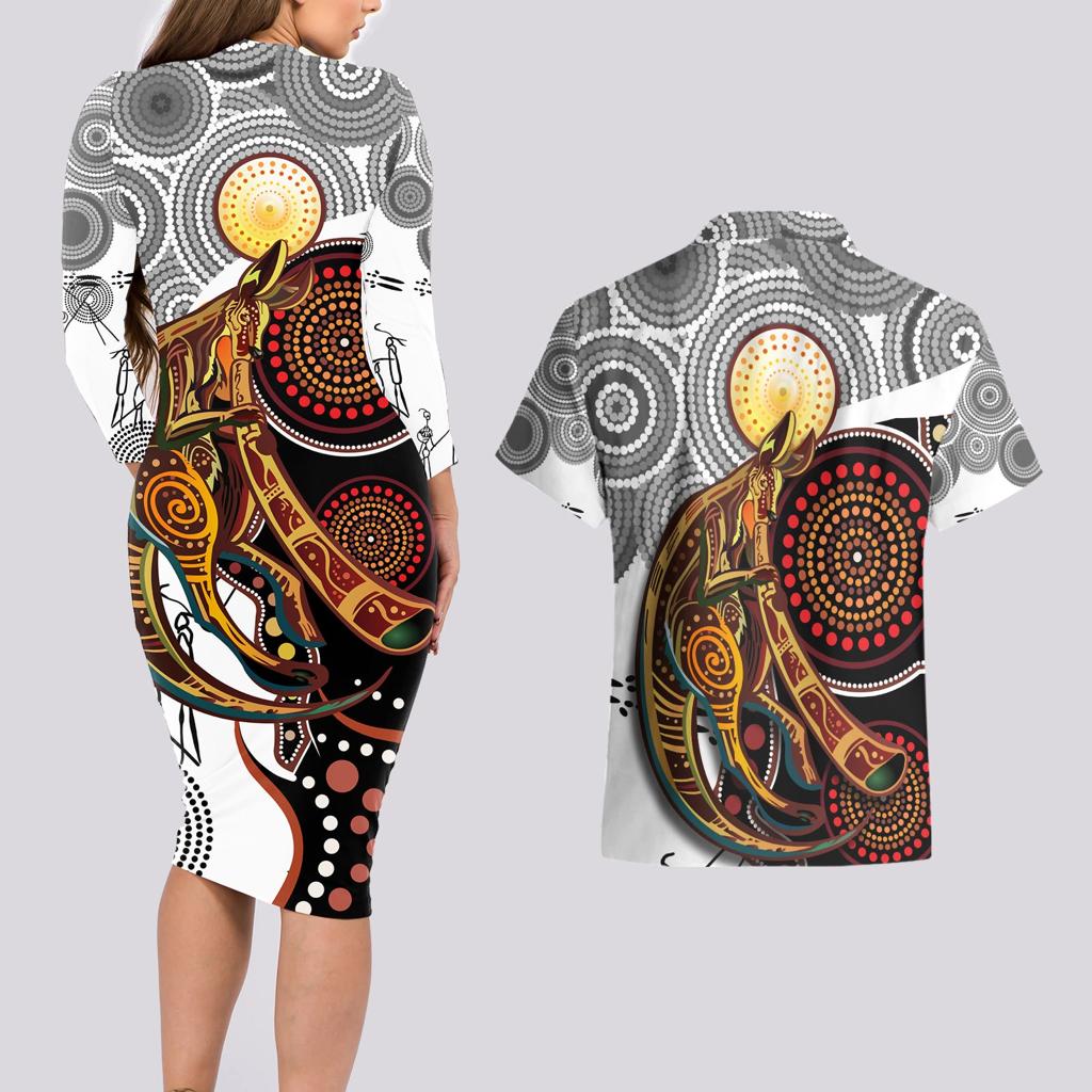 Aboriginal Kangaroo Pattern Dot Art Couples Matching Long Sleeve Bodycon Dress and Hawaiian Shirt