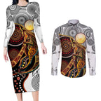 Aboriginal Kangaroo Pattern Dot Art Couples Matching Long Sleeve Bodycon Dress and Long Sleeve Button Shirt