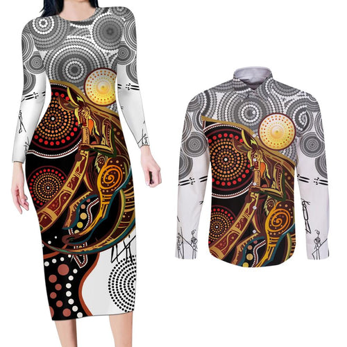 Aboriginal Kangaroo Pattern Dot Art Couples Matching Long Sleeve Bodycon Dress and Long Sleeve Button Shirt