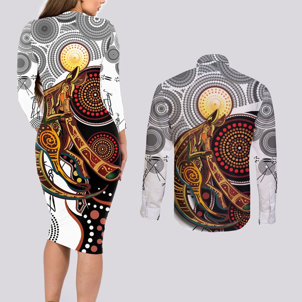 Aboriginal Kangaroo Pattern Dot Art Couples Matching Long Sleeve Bodycon Dress and Long Sleeve Button Shirt