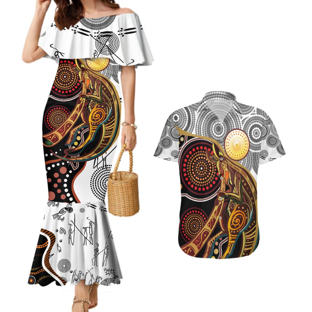 Aboriginal Kangaroo Pattern Dot Art Couples Matching Mermaid Dress and Hawaiian Shirt