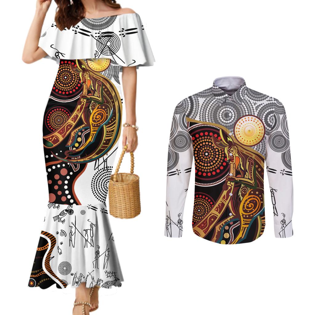 Aboriginal Kangaroo Pattern Dot Art Couples Matching Mermaid Dress and Long Sleeve Button Shirt