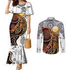 Aboriginal Kangaroo Pattern Dot Art Couples Matching Mermaid Dress and Long Sleeve Button Shirt