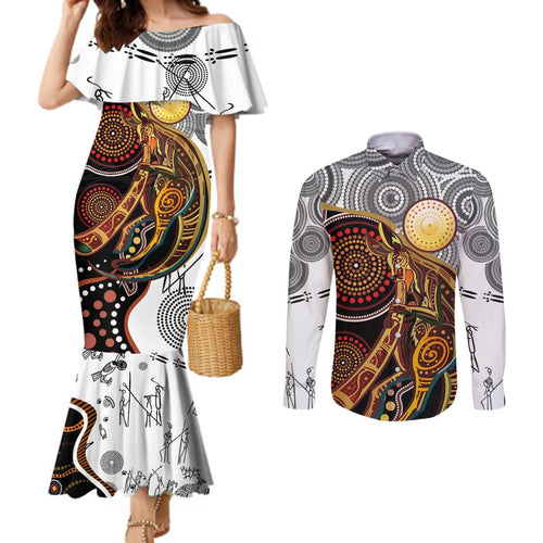 Aboriginal Kangaroo Pattern Dot Art Couples Matching Mermaid Dress and Long Sleeve Button Shirt