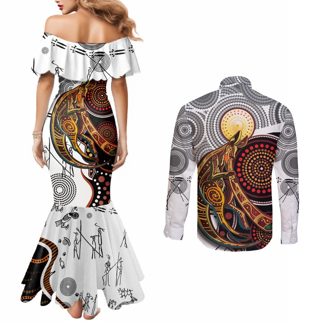 Aboriginal Kangaroo Pattern Dot Art Couples Matching Mermaid Dress and Long Sleeve Button Shirt