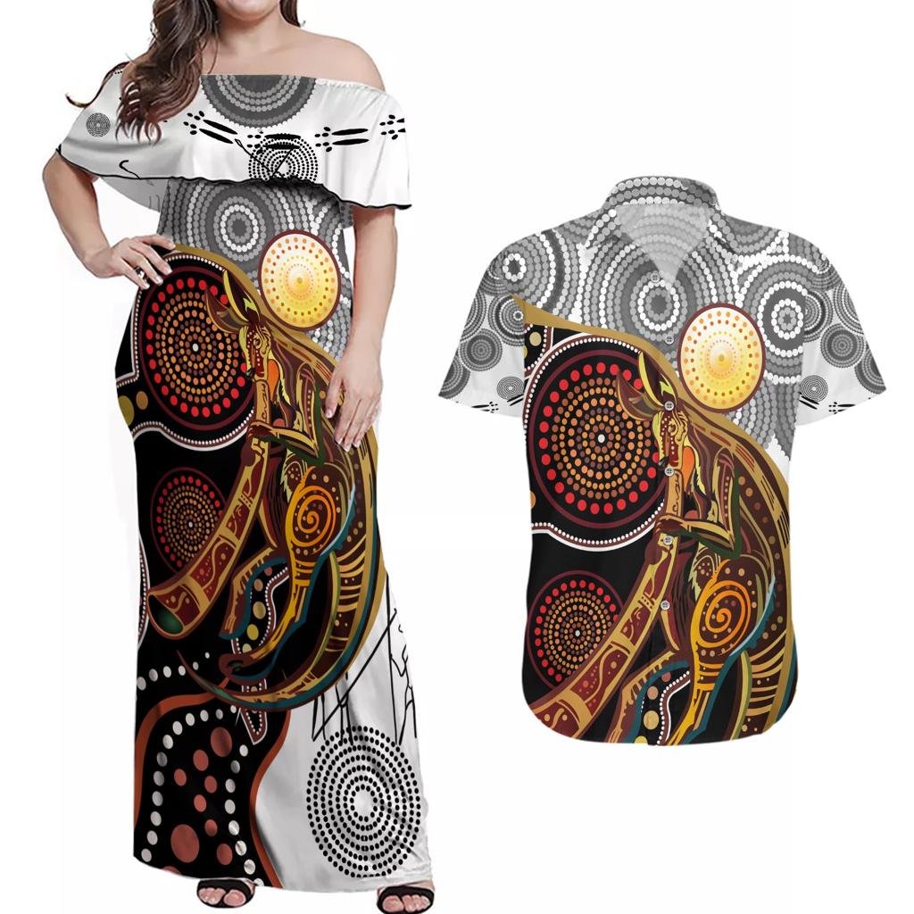 Aboriginal Kangaroo Pattern Dot Art Couples Matching Off Shoulder Maxi Dress and Hawaiian Shirt