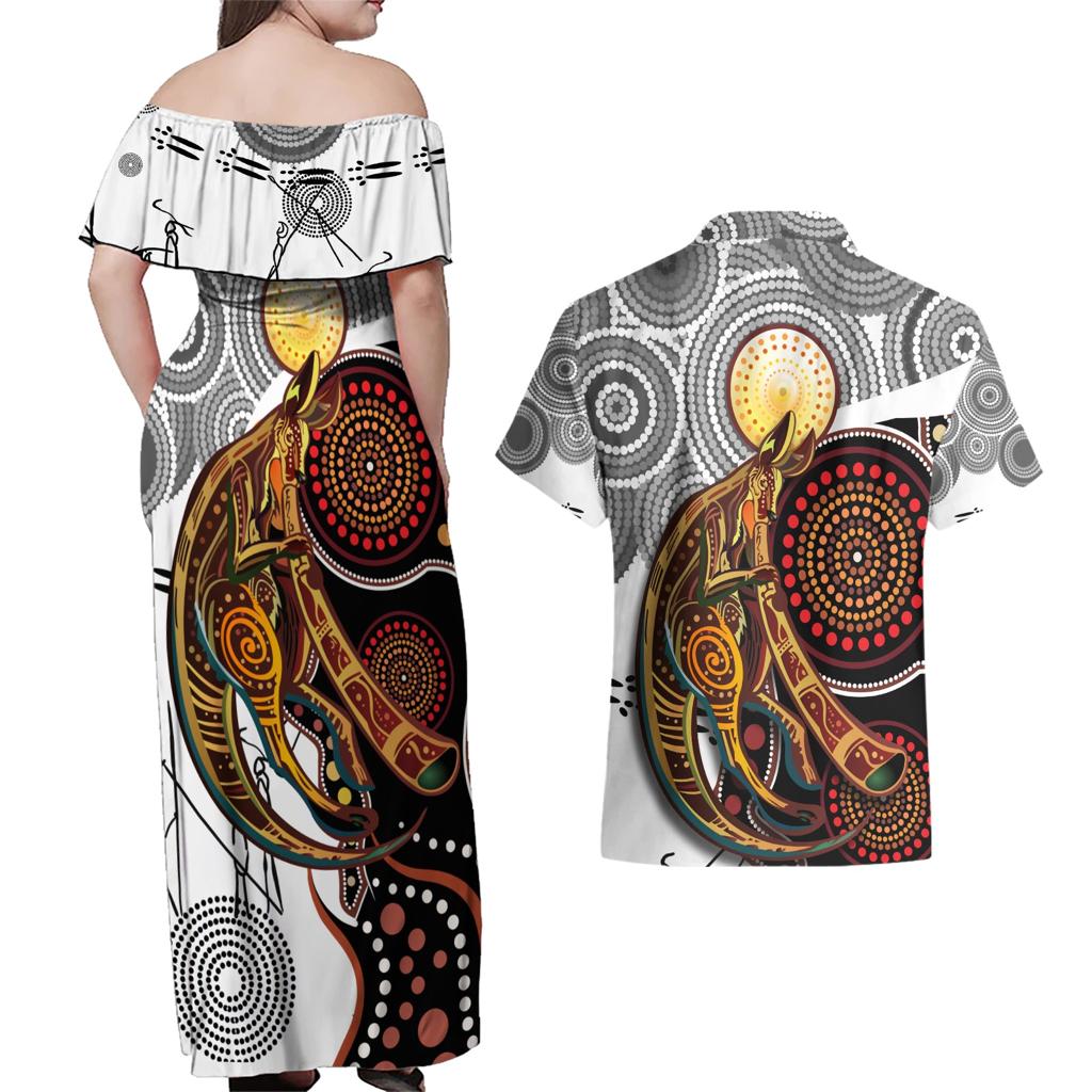Aboriginal Kangaroo Pattern Dot Art Couples Matching Off Shoulder Maxi Dress and Hawaiian Shirt