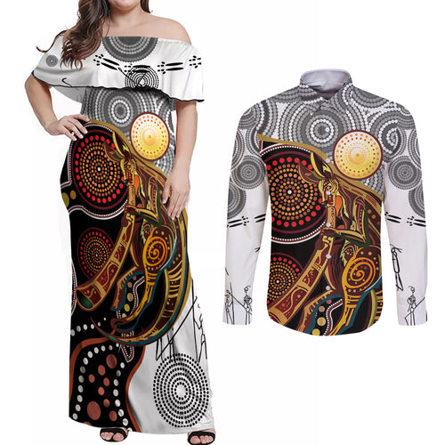 Aboriginal Kangaroo Pattern Dot Art Couples Matching Off Shoulder Maxi Dress and Long Sleeve Button Shirt