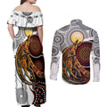 Aboriginal Kangaroo Pattern Dot Art Couples Matching Off Shoulder Maxi Dress and Long Sleeve Button Shirt