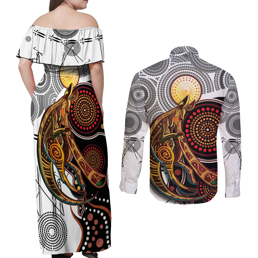 Aboriginal Kangaroo Pattern Dot Art Couples Matching Off Shoulder Maxi Dress and Long Sleeve Button Shirt
