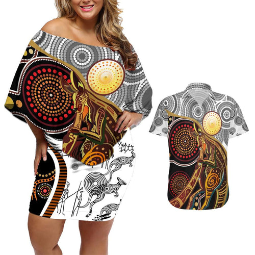 Aboriginal Kangaroo Pattern Dot Art Couples Matching Off Shoulder Short Dress and Hawaiian Shirt