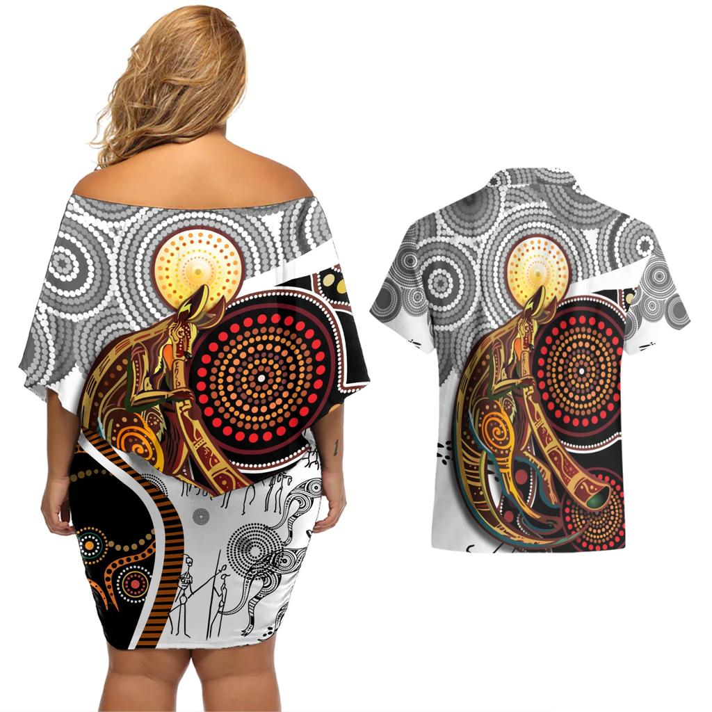Aboriginal Kangaroo Pattern Dot Art Couples Matching Off Shoulder Short Dress and Hawaiian Shirt