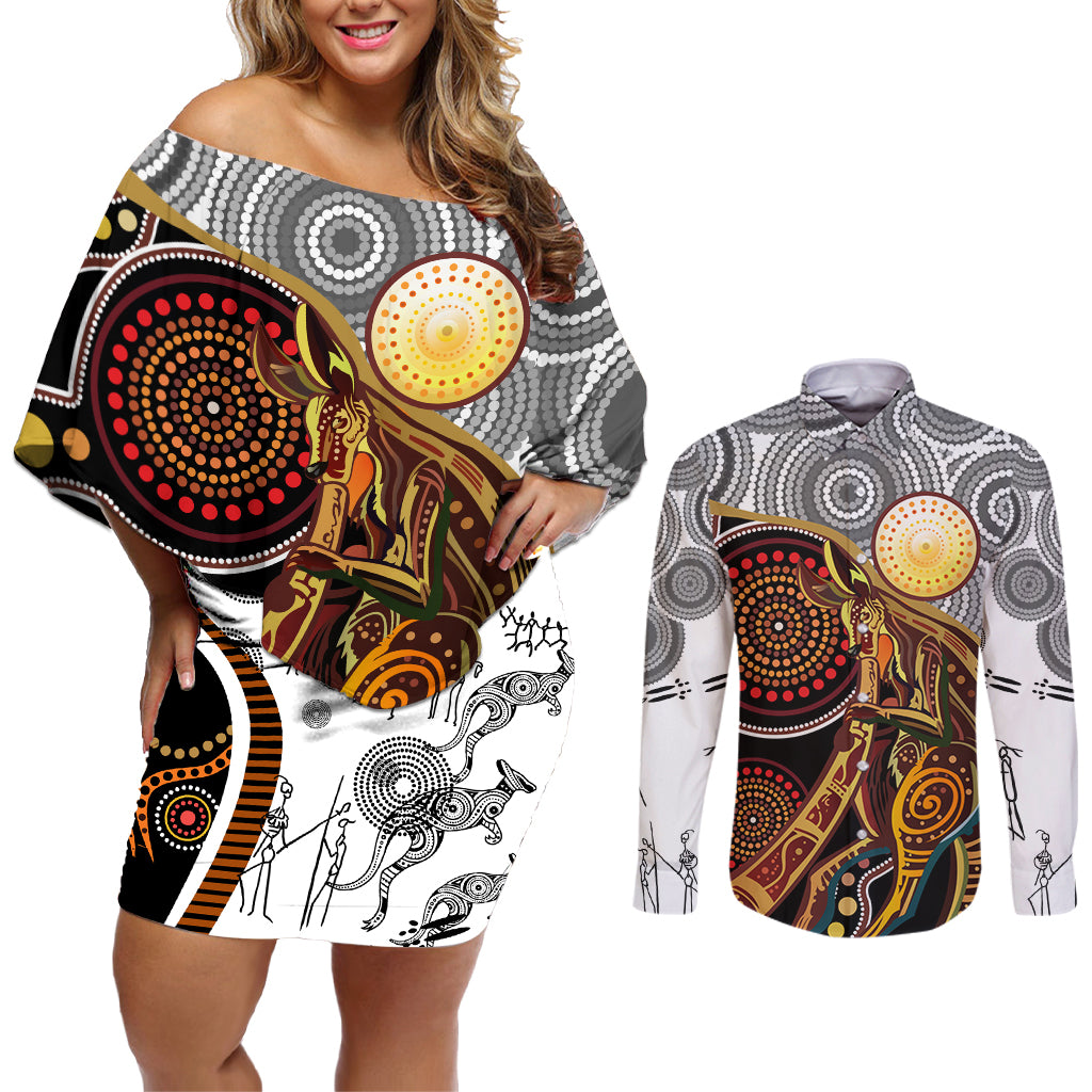 Aboriginal Kangaroo Pattern Dot Art Couples Matching Off Shoulder Short Dress and Long Sleeve Button Shirt