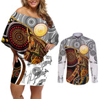 Aboriginal Kangaroo Pattern Dot Art Couples Matching Off Shoulder Short Dress and Long Sleeve Button Shirt