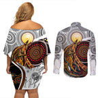 Aboriginal Kangaroo Pattern Dot Art Couples Matching Off Shoulder Short Dress and Long Sleeve Button Shirt