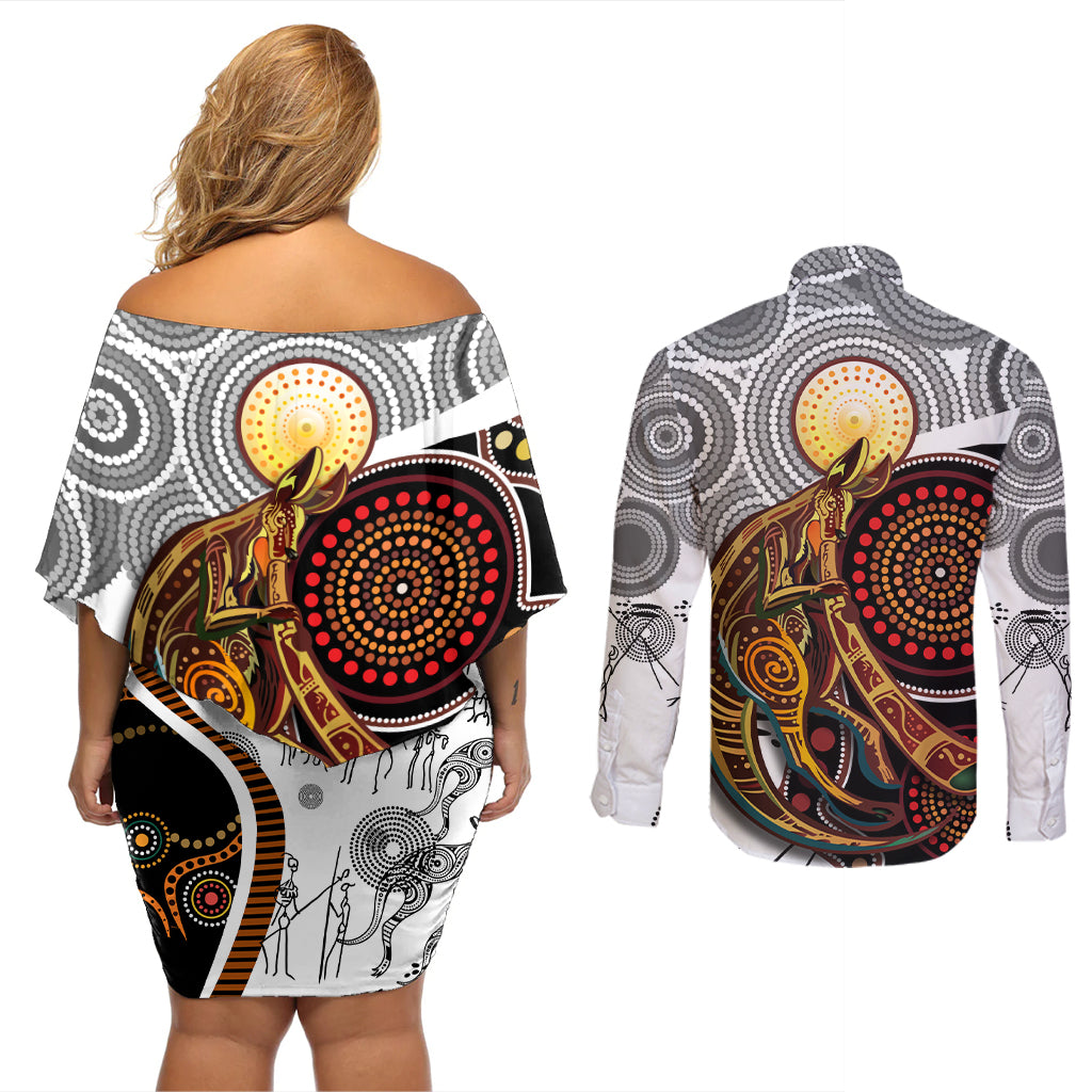 Aboriginal Kangaroo Pattern Dot Art Couples Matching Off Shoulder Short Dress and Long Sleeve Button Shirt