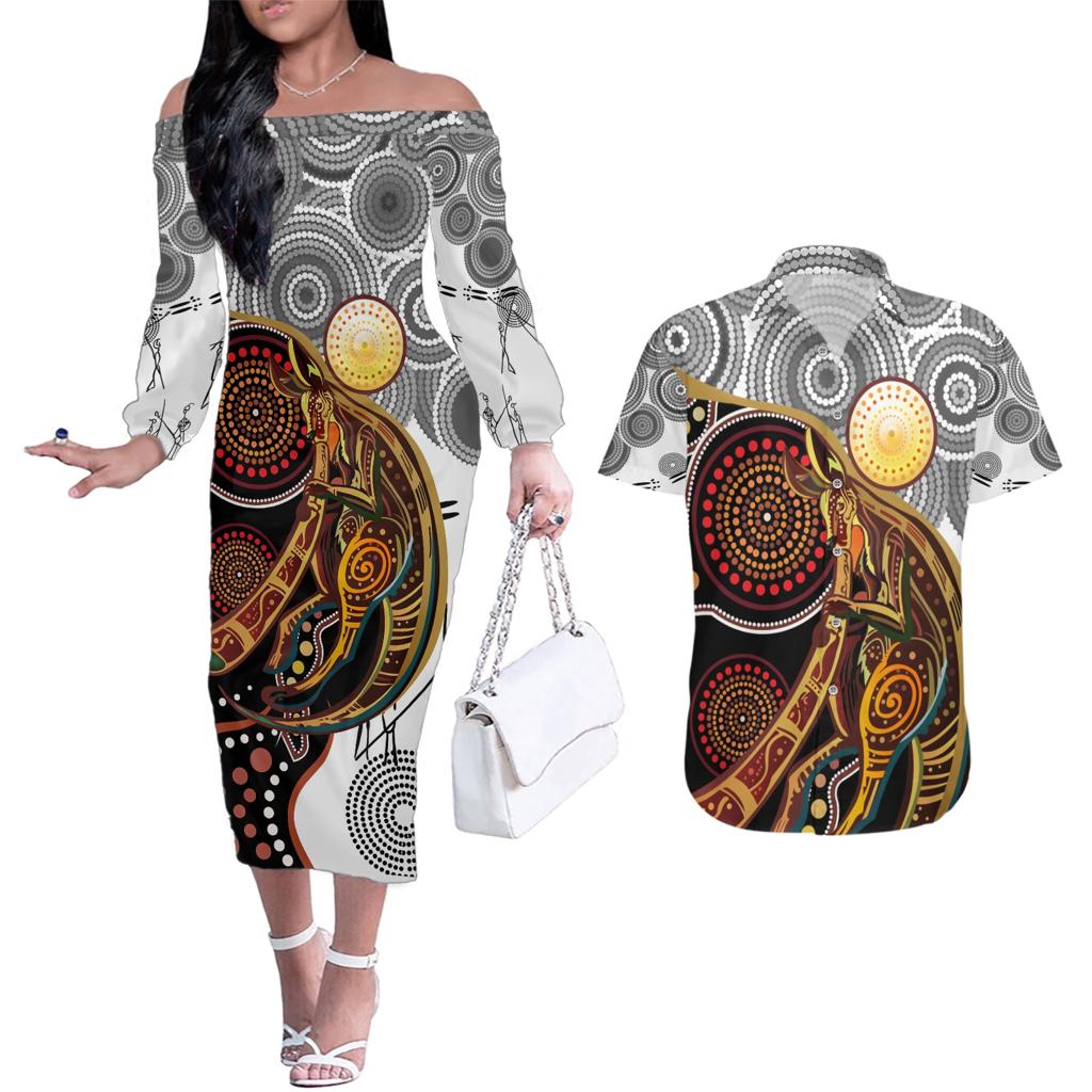 Aboriginal Kangaroo Pattern Dot Art Couples Matching Off The Shoulder Long Sleeve Dress and Hawaiian Shirt