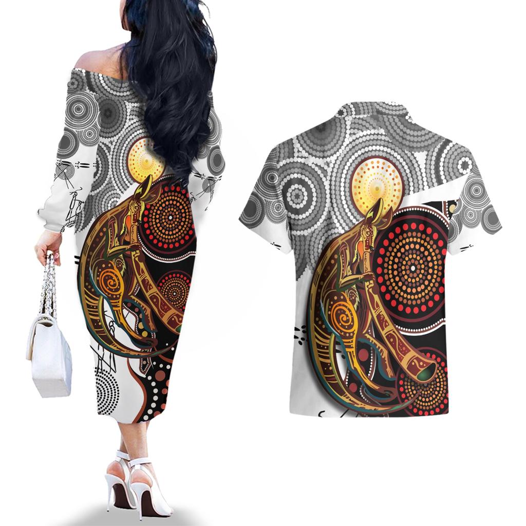 Aboriginal Kangaroo Pattern Dot Art Couples Matching Off The Shoulder Long Sleeve Dress and Hawaiian Shirt