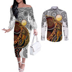 Aboriginal Kangaroo Pattern Dot Art Couples Matching Off The Shoulder Long Sleeve Dress and Long Sleeve Button Shirt