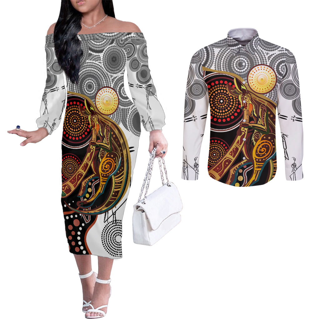 Aboriginal Kangaroo Pattern Dot Art Couples Matching Off The Shoulder Long Sleeve Dress and Long Sleeve Button Shirt