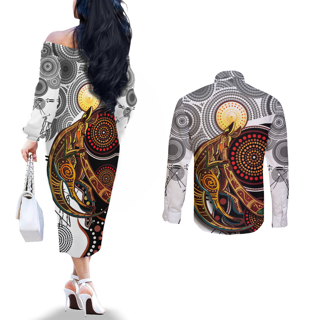 Aboriginal Kangaroo Pattern Dot Art Couples Matching Off The Shoulder Long Sleeve Dress and Long Sleeve Button Shirt