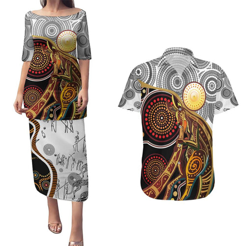 Aboriginal Kangaroo Pattern Dot Art Couples Matching Puletasi and Hawaiian Shirt