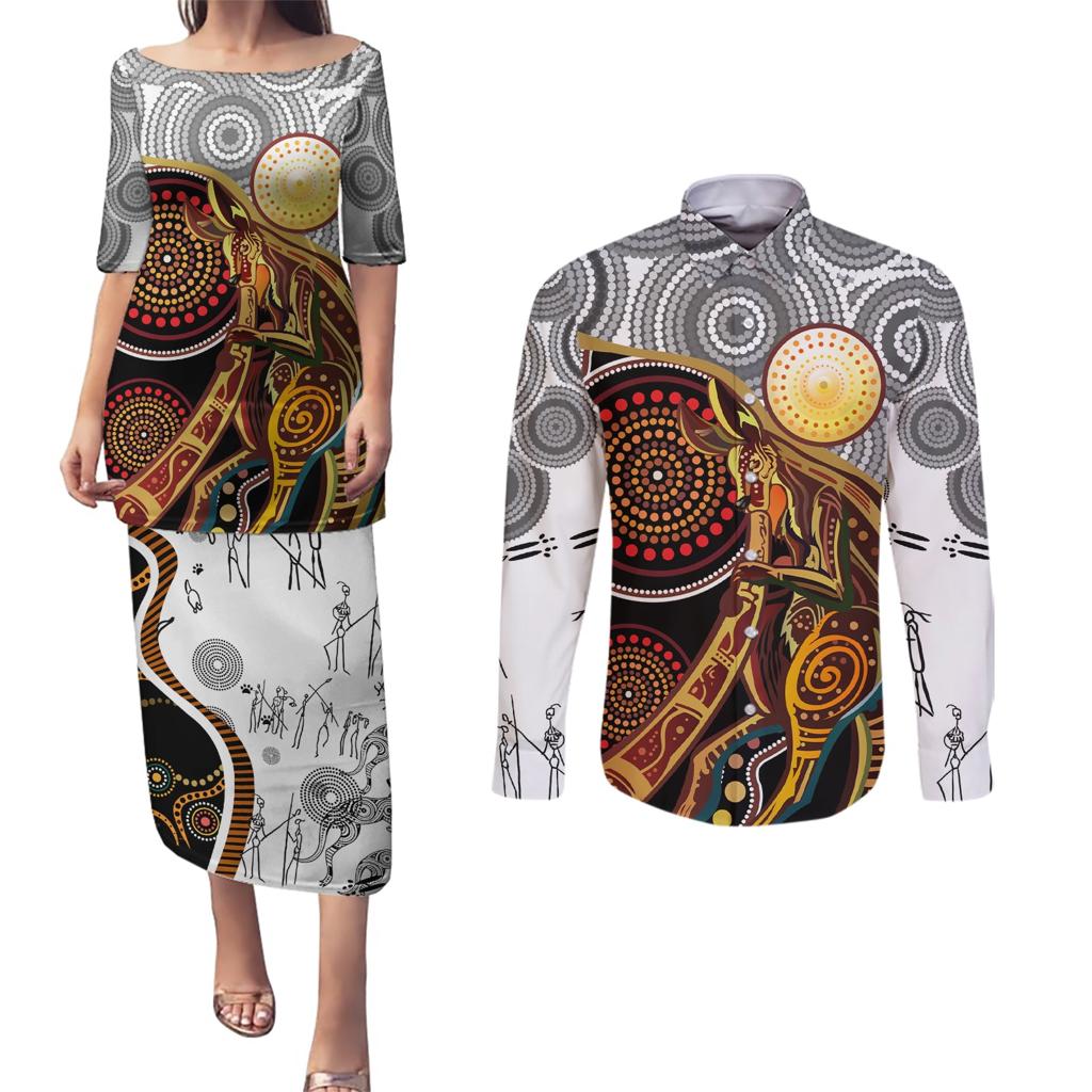 Aboriginal Kangaroo Pattern Dot Art Couples Matching Puletasi and Long Sleeve Button Shirt