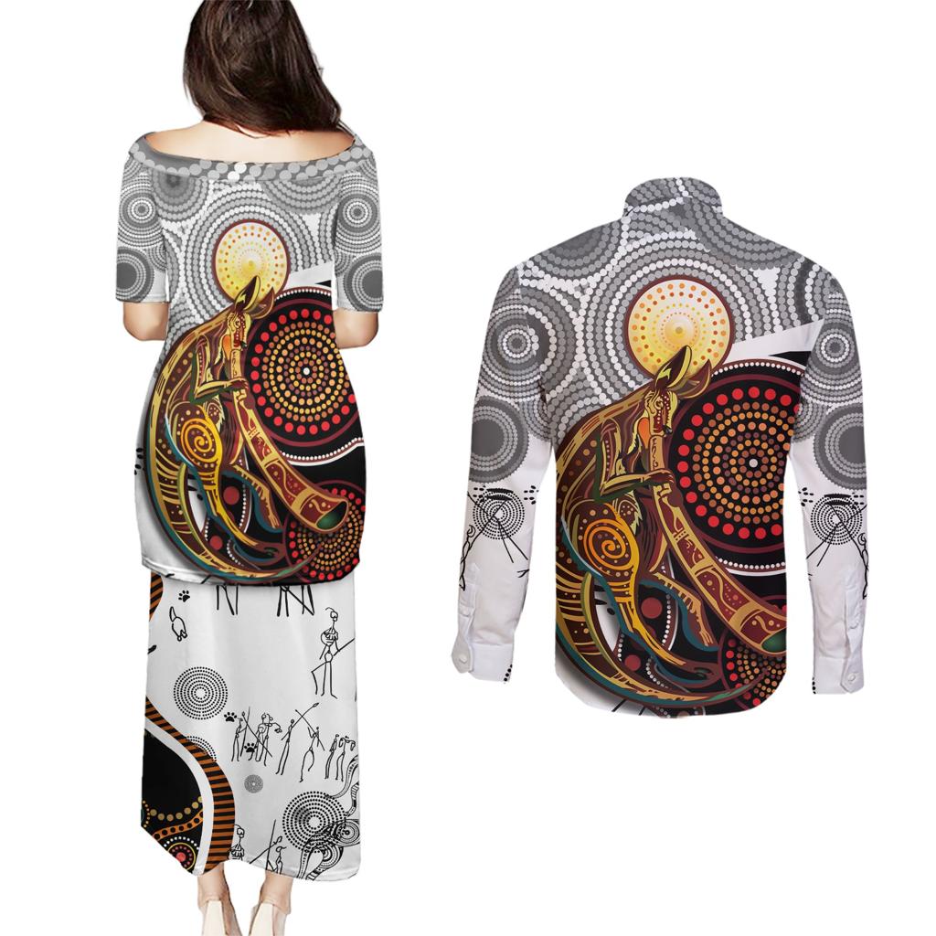 Aboriginal Kangaroo Pattern Dot Art Couples Matching Puletasi and Long Sleeve Button Shirt
