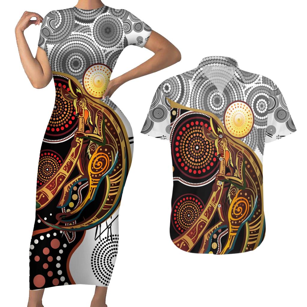 Aboriginal Kangaroo Pattern Dot Art Couples Matching Short Sleeve Bodycon Dress and Hawaiian Shirt