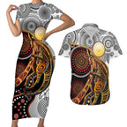 Aboriginal Kangaroo Pattern Dot Art Couples Matching Short Sleeve Bodycon Dress and Hawaiian Shirt