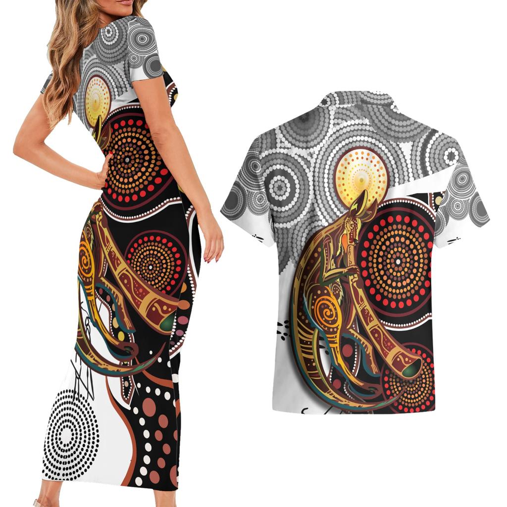 Aboriginal Kangaroo Pattern Dot Art Couples Matching Short Sleeve Bodycon Dress and Hawaiian Shirt