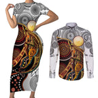 Aboriginal Kangaroo Pattern Dot Art Couples Matching Short Sleeve Bodycon Dress and Long Sleeve Button Shirt