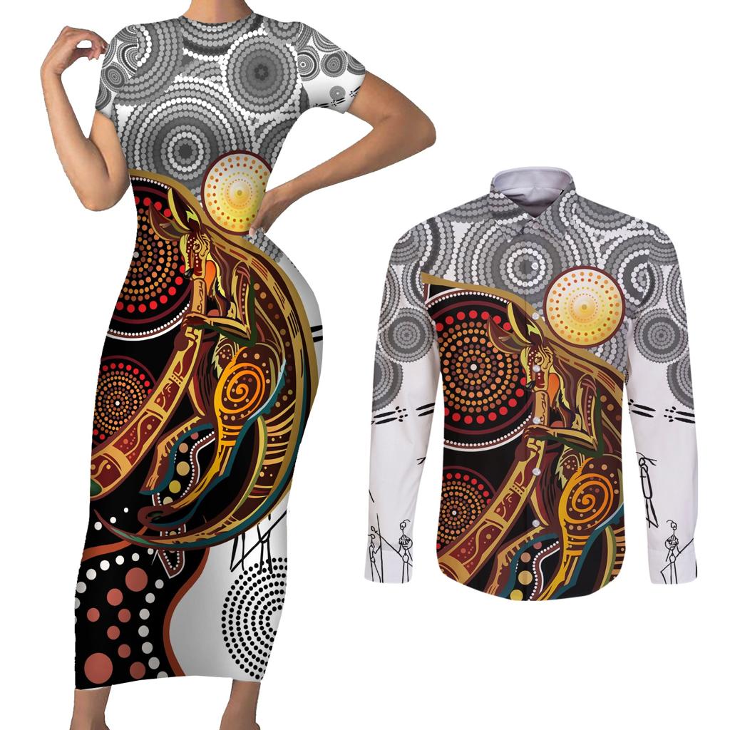 Aboriginal Kangaroo Pattern Dot Art Couples Matching Short Sleeve Bodycon Dress and Long Sleeve Button Shirt