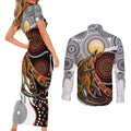 Aboriginal Kangaroo Pattern Dot Art Couples Matching Short Sleeve Bodycon Dress and Long Sleeve Button Shirt