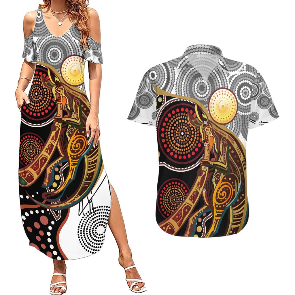 Aboriginal Kangaroo Pattern Dot Art Couples Matching Summer Maxi Dress and Hawaiian Shirt