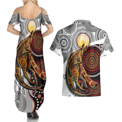 Aboriginal Kangaroo Pattern Dot Art Couples Matching Summer Maxi Dress and Hawaiian Shirt