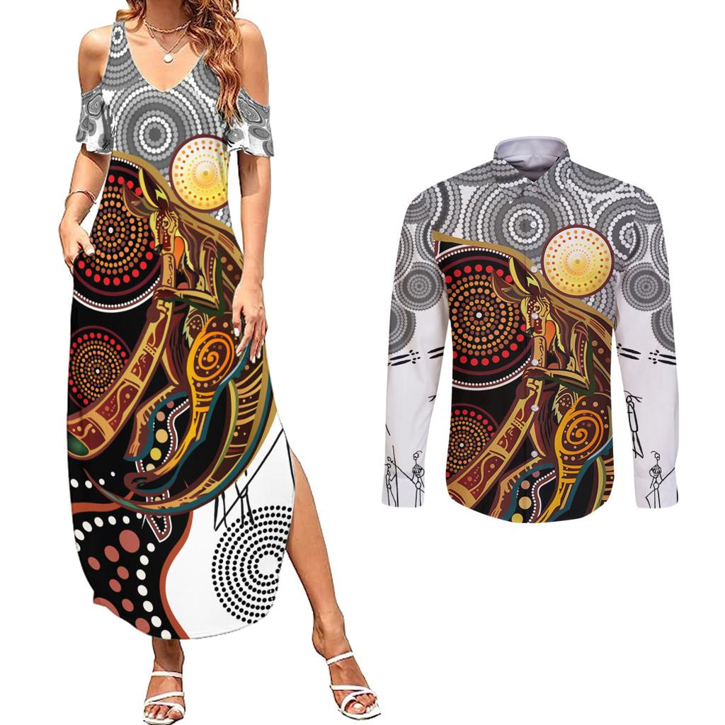 Aboriginal Kangaroo Pattern Dot Art Couples Matching Summer Maxi Dress and Long Sleeve Button Shirt