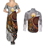 Aboriginal Kangaroo Pattern Dot Art Couples Matching Summer Maxi Dress and Long Sleeve Button Shirt