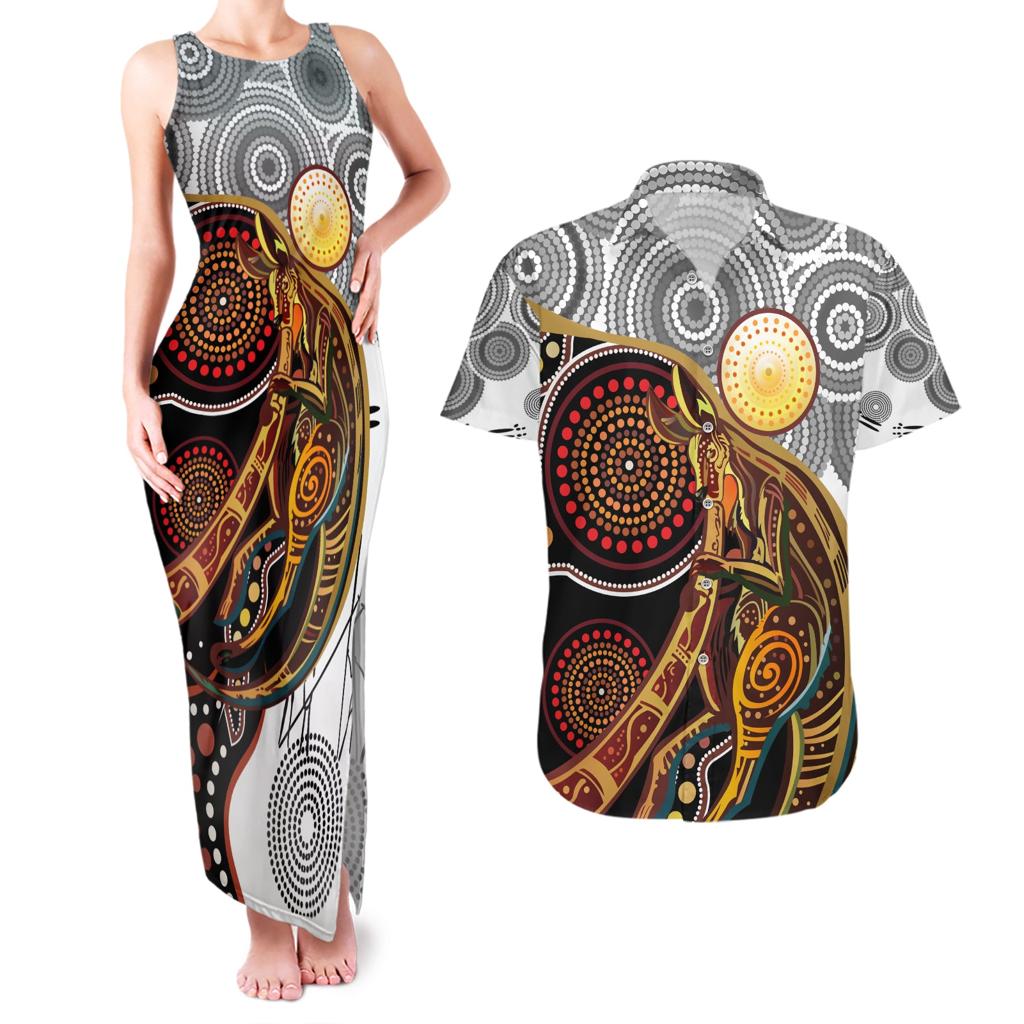 Aboriginal Kangaroo Pattern Dot Art Couples Matching Tank Maxi Dress and Hawaiian Shirt