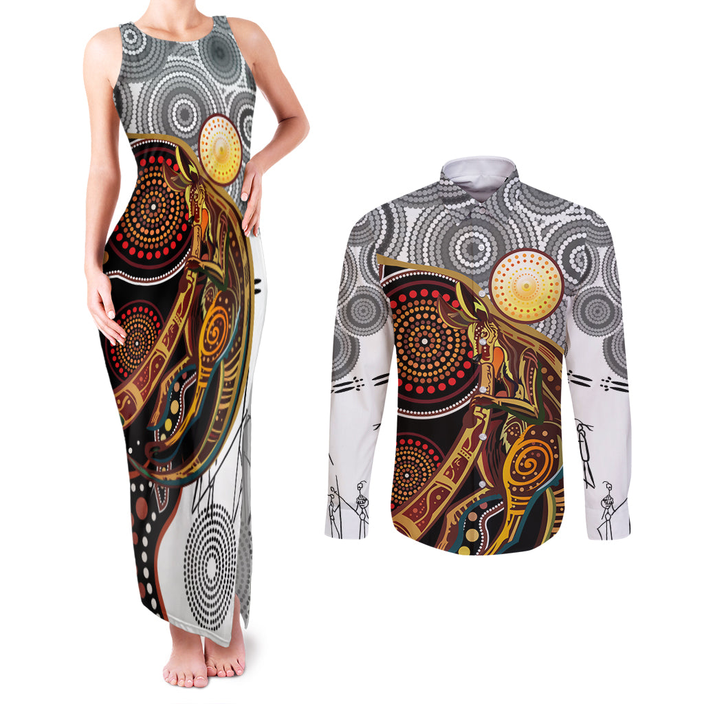 Aboriginal Kangaroo Pattern Dot Art Couples Matching Tank Maxi Dress and Long Sleeve Button Shirt