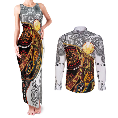 Aboriginal Kangaroo Pattern Dot Art Couples Matching Tank Maxi Dress and Long Sleeve Button Shirt