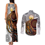Aboriginal Kangaroo Pattern Dot Art Couples Matching Tank Maxi Dress and Long Sleeve Button Shirt