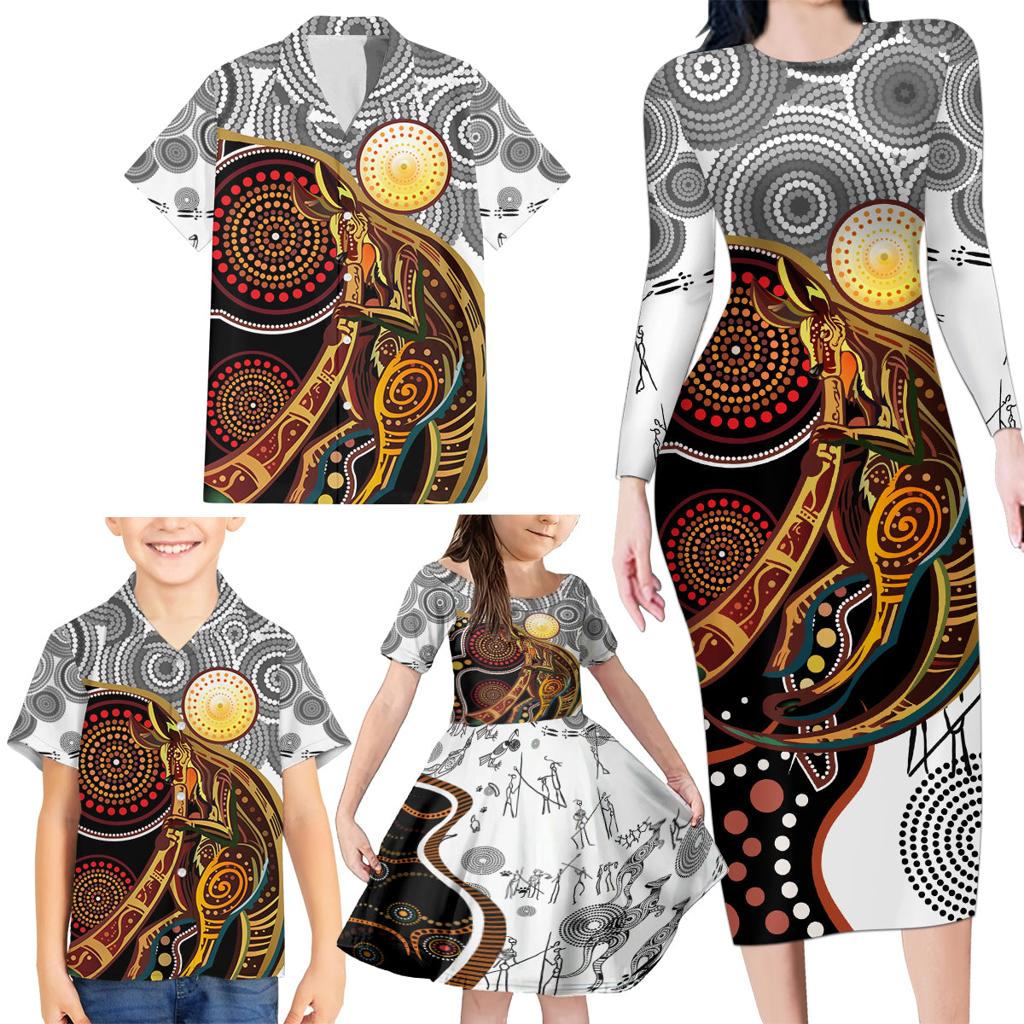 Aboriginal Kangaroo Pattern Dot Art Family Matching Long Sleeve Bodycon Dress and Hawaiian Shirt