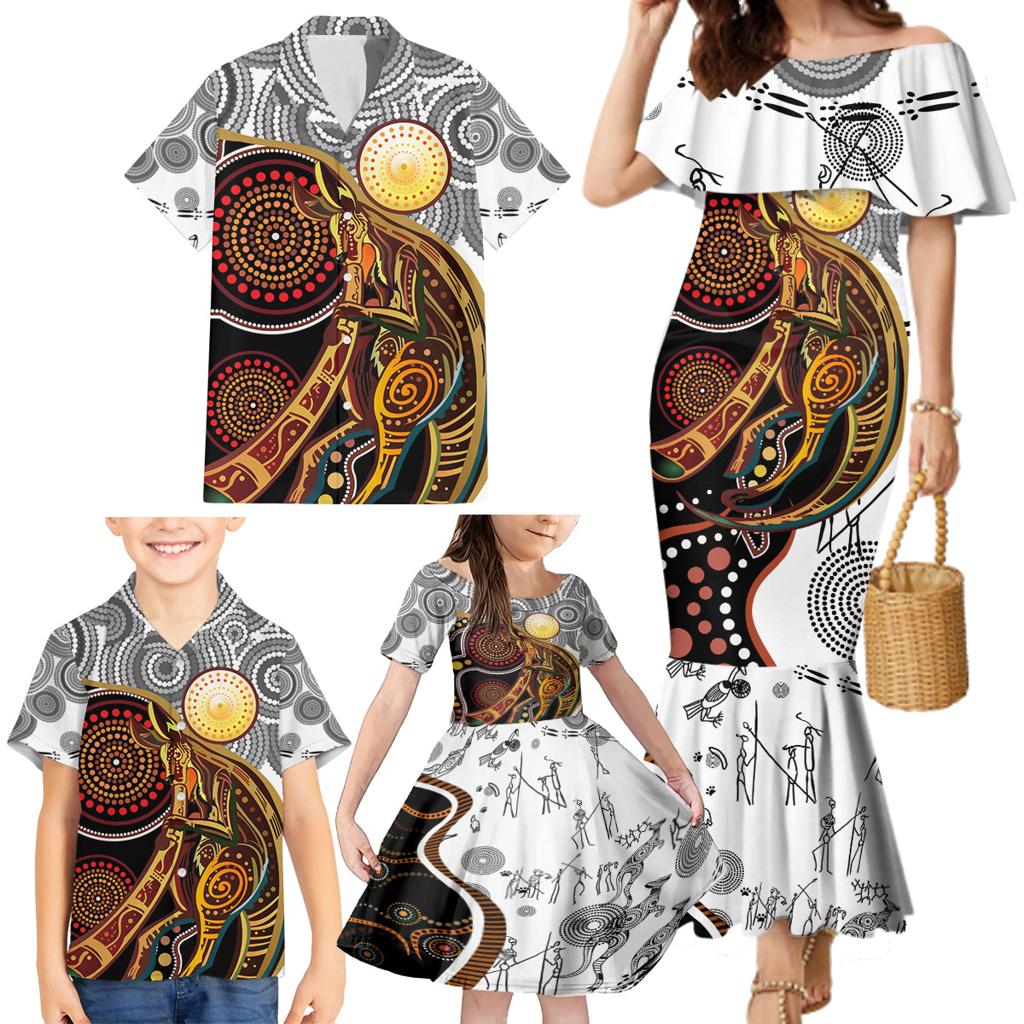 Aboriginal Kangaroo Pattern Dot Art Family Matching Mermaid Dress and Hawaiian Shirt
